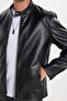 Men's Relax Fit Comfortable Cut, Stand Collar, Leather Look, Lined, Zippered Sleeves, Pockets, Black Coat - 8