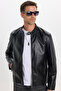 Men's Relax Fit Comfortable Cut, Stand Collar, Leather Look, Lined, Zippered Sleeves, Pockets, Black Coat - 5