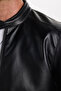 Men's Relax Fit Comfortable Cut, Stand Collar, Leather Look, Lined, Zippered Sleeves, Pockets, Black Coat - 6