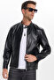 Men's Relax Fit Comfortable Cut, Stand Collar, Leather Look, Lined, Zippered Sleeves, Pockets, Black Coat - 4