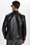 Men's Relax Fit Comfortable Cut, Stand Collar, Leather Look, Lined, Zippered Sleeves, Pockets, Black Coat - 9