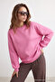 Pembe Oversize/Rahat Kesim Basic Bisiklet Yaka Kalın/İçi polarlı Örme Sweatshirt TWOAW24SW00102