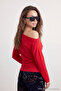 Kırmızı Büzgü/Drape Detaylı Dökümlü Asimetrik Yaka Örme Bluz TWOAW26BZ00138 - 5
