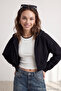 Siyah Basic Fermuarlı Kapüşonlu Crop Kalın İçi Polarlı Örme Hırka/Sweatshirt TWOAW20SW0660 - 2