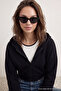 Siyah Basic Fermuarlı Kapüşonlu Crop Kalın İçi Polarlı Örme Hırka/Sweatshirt TWOAW20SW0660 - 3