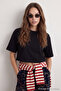 Siyah Relaxed/Rahat Kalıp %100 Kalın Pamuklu Crop Örme T-Shirt TWOSS23TS00038 - 3