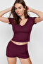 Burgundy Button Detailed Knitted Pajamas Set with Ribbed Shorts Thmss24Pt00097 - 3