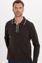 Men's slim fit 100% cotton long sleeve zip-up brown polo collar sweatshirt