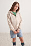 Ekru Kız Çocuk Kapüşonlu Fermuarlı Düz Örme Kalın Hırka/Sweatshirt TKDAW27SW00009