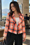 Women's Orange-Black Double-Breasted Collar Tweed Crop Jacket Arm-24K001014