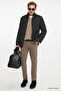 Men's Black Windproof Standard Fit Regular Cut Stand Collar Overcoat with Side Pockets - 2