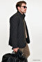 Men's Black Windproof Standard Fit Regular Cut Stand Collar Overcoat with Side Pockets - 4