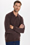 Men's Regular Fit Classic Cut Long Sleeve Interlock Fabric Brown Polo Collar Sweatshirt - 5
