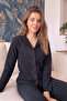 Black Plain Front Buttoned Plush Fleece Pajama Set - 3
