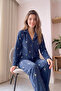 Navy Blue Heart Patterned Front Buttoned Plush Fleece Pajama Set - 5