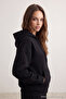Siyah Oversize/Rahat Kesim Basic Kapuşonlu Kalın İçi Polarlı Örme Sweatshirt TWOAW24SW00188 - 4