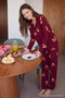 Teddy Bear Christmas-Themed Piped Knitted Pajama Set, 100% Cotton - Burgundy - 3