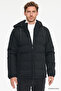 Men's Black Warm Padded Standard Fit Regular Cut Stand Collar Hooded Casual Coat with Side Pockets