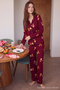 Teddy Bear Christmas-Themed Piped Knitted Pajama Set, 100% Cotton - Burgundy