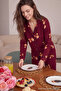 Teddy Bear Christmas-Themed Piped Knitted Pajama Set, 100% Cotton - Burgundy - 5