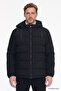 Men's Black Warm Padded Standard Fit Regular Cut Stand Collar Hooded Casual Coat with Side Pockets - 2