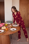 Teddy Bear Christmas-Themed Piped Knitted Pajama Set, 100% Cotton - Burgundy - 2