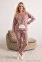 Bej 3'lü Kalpli Uyku Bantlı Polar Kışlık Örme Pijama Takımı THMAW21PT0666 - 4