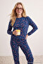 Lacivert %100 Pamuklu Yılbaşı Temalı Örme Pijama Takımı THMAW21PT0771