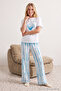 Beyaz-Mavi Çizgili Baskılı Baby Overlok Detaylı Üst Örme Alt Viskon Dokuma Pijama Takımı THMSS25PT00141 - 4