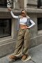 Khaki Extra Loose Leg Women's Parachute Pants with Elastic Waist and Cuffs and Cargo Pockets - 2