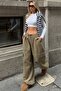 Khaki Extra Loose Leg Women's Parachute Pants with Elastic Waist and Cuffs and Cargo Pockets