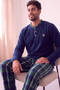Green Navy Blue Plaid Patterned Fleece Men's Pajama Set - 2