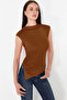 Brown Stand Collar Drawstring/Drape Detail Fitted/Body Seated Asymmetrical Knitted Blouse Twoss24Bz00534 - 4