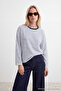 Ekru Lacivert Çizgili Premium Oversize/Geniş Kesim İnterlok Örme T-Shirt TWOAW27TS00027 - 3