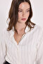 Women's slim fit striped viscose soft-touch long sleeve shirred ecru blouse - 4