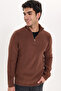 Men's Slim Fit Zippered Brown Stand Collar Knitwear Sweater - 5