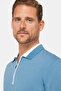Men's Slim Fit Slim Fit 100% Cotton Flat Pike Zippered Blue Polo Collar T-shirt - 5
