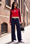 Navy Blue Striped Wide Leg/Knit Sweatpants with Elastic Waistband Twoaw27Ea00041