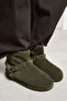 Cordi Khaki Suede Leather Belt Detail Flat Sole Plush Lined Women's Ankle Boots - 7