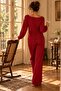 Women's Red Cotton Long Sleeve Pajama Set with Black Stripe Detail - 4