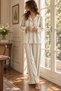 Beige Green Striped Belmando Woven Long Sleeve Buttoned Pajama Set - 3