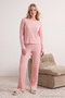 Pudra Pamuk Karışımlı Slogan Lastik Detaylı Fitilli Örme Pijama Takımı THMAW21PT0269 - 2