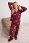 Teddy Bear Christmas-Themed Piped Knitted Pajama Set, 100% Cotton - Burgundy - 8