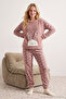 Bej 3'lü Kalpli Uyku Bantlı Polar Kışlık Örme Pijama Takımı THMAW21PT0666 - 3