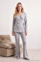 Gray Melange Tie Detail Double Breasted Ribbed Kimono Knitted Pajama Set Thmaw26Pt00003 - 3