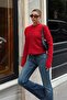 Red Coated Buttoned Crew Neck Ribbed Women's Knitwear Cardigan - 4