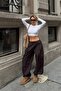 Brown Extra Loose Leg Women's Parachute Pants with Elastic Waist and Cuffs and Cargo Pockets - 2