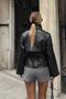 Black Stand Collar Double-Breasted Closure Epaulette Detail Belted Women's Leather Jacket - 5