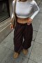 Brown Extra Loose Leg Women's Parachute Pants with Elastic Waist and Cuffs and Cargo Pockets - 4