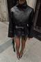 Black Stand Collar Double-Breasted Closure Epaulette Detail Belted Women's Leather Jacket - 4